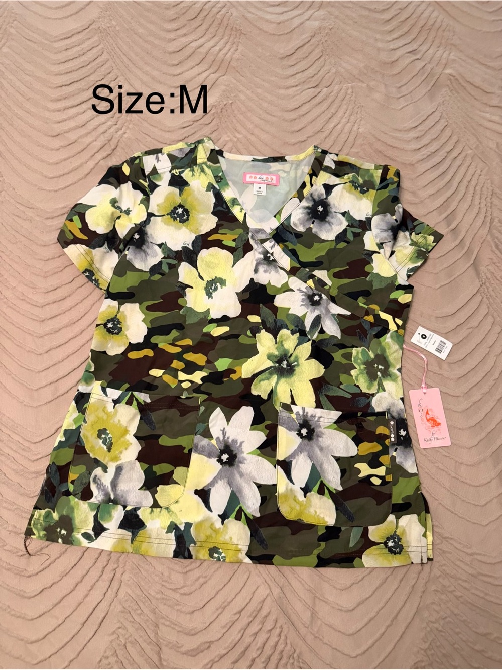 koi Short Sleeve Floral Camo Scrub Top in Green, White, Yellow